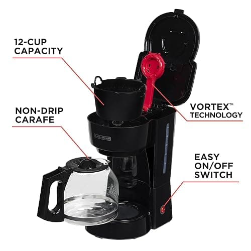 BLACK+DECKER 12-Cup Coffee Maker with Easy On/Off Switch, Easy Pour, Non-Drip Carafe with Removable Filter Basket, Vortex Technology, Black thumbnail 5