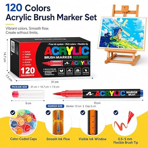 Amamao 120 Colors Acrylic Paint Markers, Soft Brush Tip Pens and Markers, Acrylic Paint Pens for Wood, Stone, Canvas, Glass, Fabric, Egg, Rock Painting and DIY Crafts Art Supplies thumbnail 3