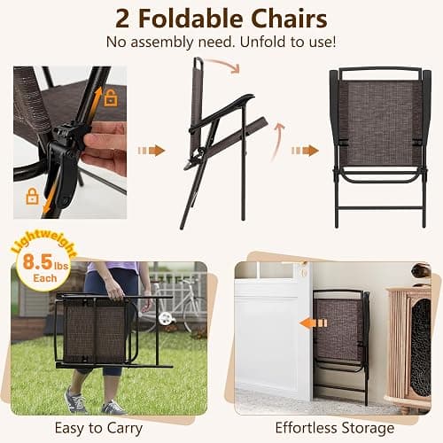 Goplus Patio Bistro Set, 3-Piece Patio Dining Furniture Set with Round Tempered Glass Table, 2 Foldable Chairs, Small Outdoor Folding Chairs & Table Set for Porch Garden Pool Yard thumbnail 7