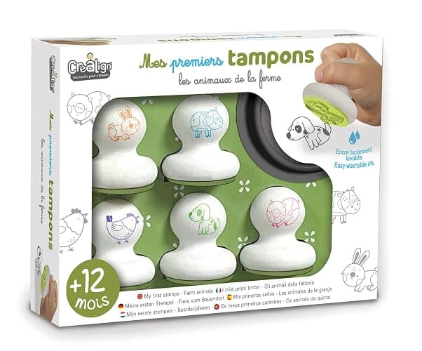 Créa Lign | Mes Premiers Tampons Animaux de la Ferme | Coffret Créatif pour Tout-Petits dès 12 Mois | 5 Tampons en Mousse + 1 Encreur Lavable | Développe la Motricité Fine et la Créativité - Image 1