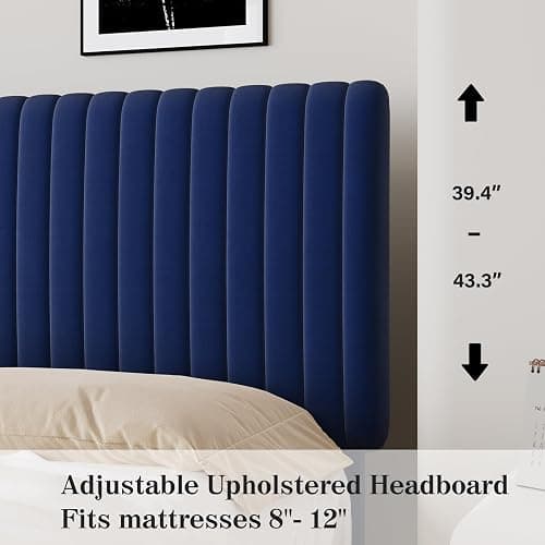 BarnFurin Twin Bed Frame/Velvet Upholstered Platform Bed with Adjustable Vertical Channel Tufted Headboard and Footboard/No Box Spring Required/Easy Assembly/Blue thumbnail 6