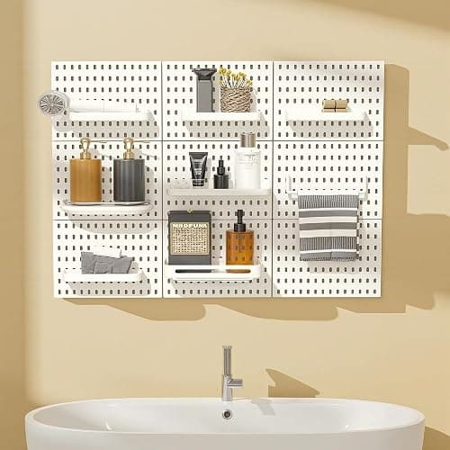 White Plastic Pegboard with Hooks Accessories, Wall Mounted Tool Organizer for Garage, Home, Office, Durable Perforated Peg Board (2 Boards -8 Accessories) thumbnail 2
