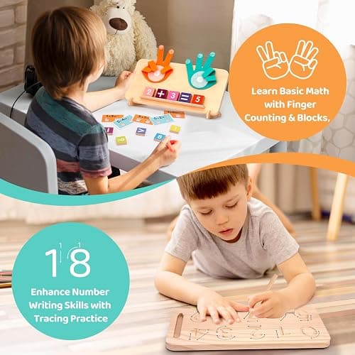 Montessori Learning Toys for Toddlers 2-4, Double-Sided Finger Counting & Number Tracing Board, Colorful Number Blocks, Solid Pine Wood Educational Math Toy for Kids Boys Girls Ages 1 3 5 Year Old - Montessori Math Toy thumbnail 5