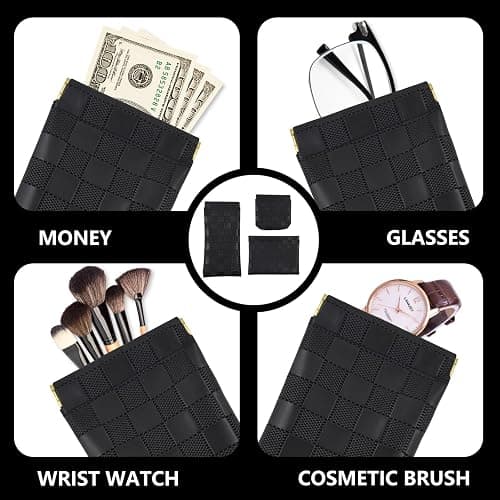 3PCS Small Makeup Bag for Women, Mini Cosmetic Bags Leather Pocket Pouch Purse,Snap Closure Waterproof Portable Bag,Checkered Storage Travel Bag for Lipstick Change Glasses Coin Cards (Black) thumbnail 3