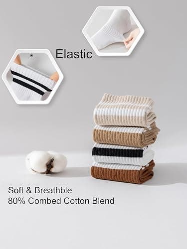 YUWELL Womens Striped Crew Socks, Cotton Cozy Casual Socks for Women 4 Pairs, Size 5-10 thumbnail 4