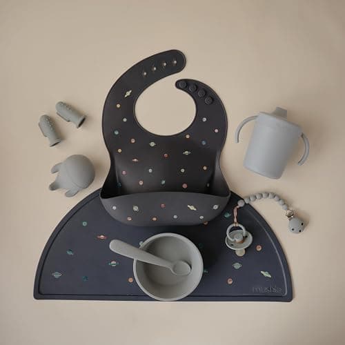 mushie Silicone Baby Bib | Adjustable Fit Waterproof Bibs (Planets) thumbnail 3