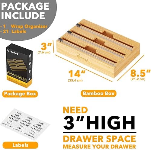 SpaceAid WrapNeat 3 in 1 Wrap Organizer with Cutter and Labels, Plastic Wrap, Aluminum Foil and Wax Bamboo Dispenser for Kitchen Storage Organization Holder for 12" Roll (Natural) thumbnail 2