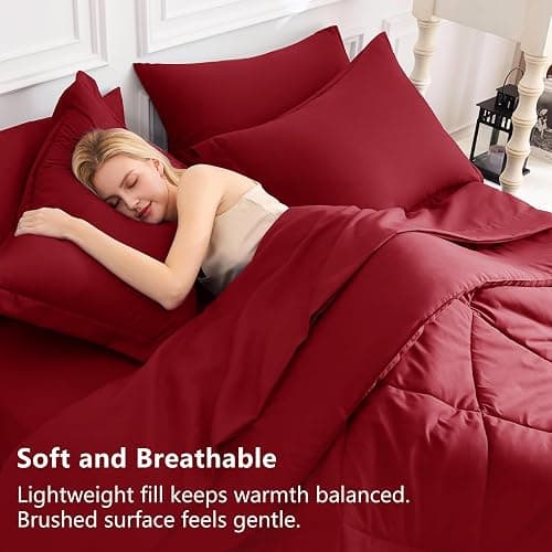 CozyLux Queen Comforter Set Dark Red - Bed in a Bag Queen Size 7 Pieces, Luxury Soft Bed Set for All Seasons, Bedding Set with Down Alternative Comforter, Sheets, Pillowcases & Shams thumbnail 3