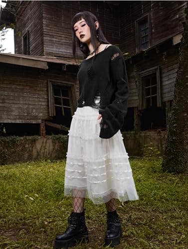 Goth Y2K Striped Sweater Grunge Ripped Punk Gothic Sweaters for Women Harajuku Aesthetic Halloween Pullover Tops thumbnail 9
