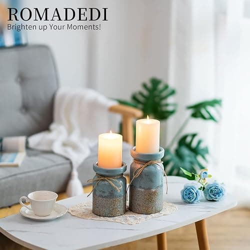 Romadedi Beach Pillar Candle Holder - Terracotta Distressed Blue Teal Ocean Theme Decor Drift Bottle Design Nautical Rustic Farmhouse Gift for Coastal Home Bathroom thumbnail 2