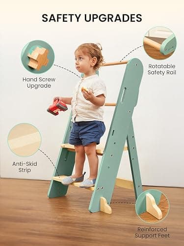 GROWNSY Foldable Step Stool Toddler Tower, Toddler Kitchen Stool Helper, Collapsible Kids Standing Learning Tower with 3 Adjustable Heights and Safety Net for Kitchen Bathroom Sink Counter (Green) thumbnail 5