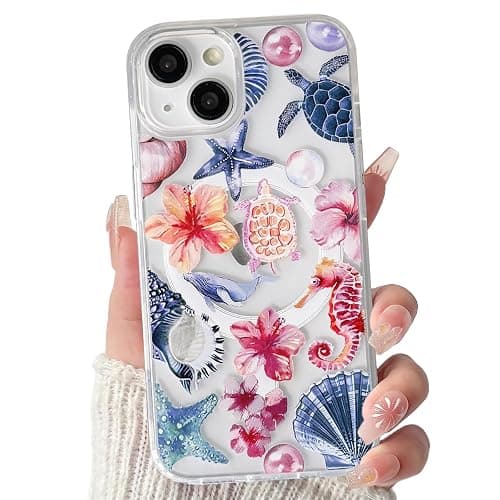 Lovmooful Magnetic Compatible with iPhone 13/14 Case Compatible with MagSafe Clear Ocean Cute Marine Life Seashell Design for Girls Women Soft TPU+PC Shockproof Protective Girly-Seahorse - Image 1