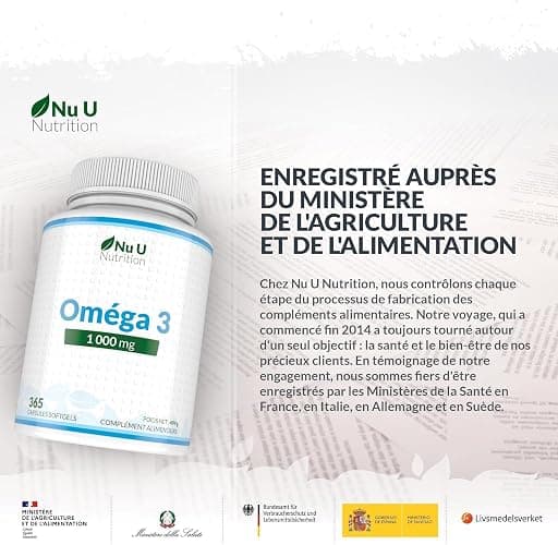 Omega 3 Fish Oil 1000 mg - Huile de Poisson - 365 Gélules - Cure d'1 An - Riche en EPA 540mg et DHA 360mg - Compléments alimentaires de Nu U Nutrition thumbnail 3