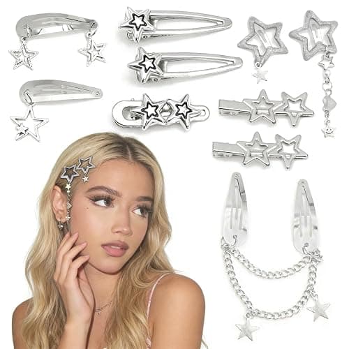 10PCS Y2K Silver Star Hair Clips, 8 Different Shapes Metal Pentagram Barrettes, Punk Kawaii 2000s Hair Clips Cute Y2K Accessories WomenStar Clips Hair for Women and Girls - Image 1