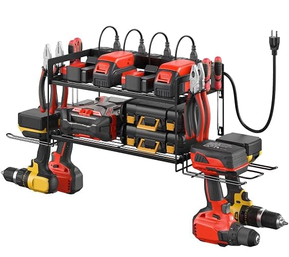 CCCEI Garage Tools Storage with Charging Station. Power Tool Battery Organizer Utility Shelf with Power Strip. 4 Drills Holder Wall Mount Rack, Black. - Image 1