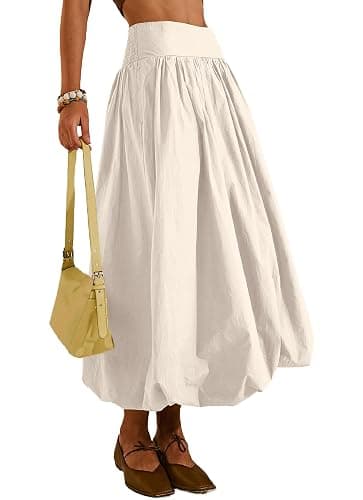 peassa Women's Bubble Long Skirt Elastic Waist A-Line Pleated Ruffle Flowy Balloon Maxi Skirts with Pockets - Image 1