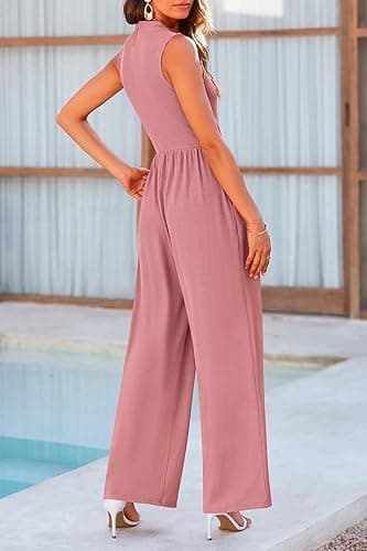 PRETTYGARDEN Womens Summer Jumpsuits Dressy Casual One Piece Outfits Sleeveless Mock Neck Wide Leg Pants Rompers with Pockets - Small - Dusty Pink thumbnail 2