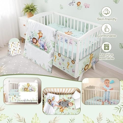Hahafelt 4 Pieces Baby Crib Bedding Set for Girls and Boys, Soft Baby Bedding Set Including Crib Skirt, Comforter, Sheet and Diaper Stacker for Nursery (Wildlife Theme) thumbnail 4