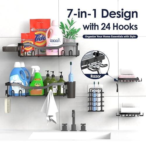 NESOMI Shower Caddy Adhesive Shower Organizer 7-Pack, Rustproof Stainless Steel Bathroom Shelves, Large Capacity No-Drill Rack Storage Accessories with Soap Dish Toothbrush Holder &24 Hooks Home Decor thumbnail 7