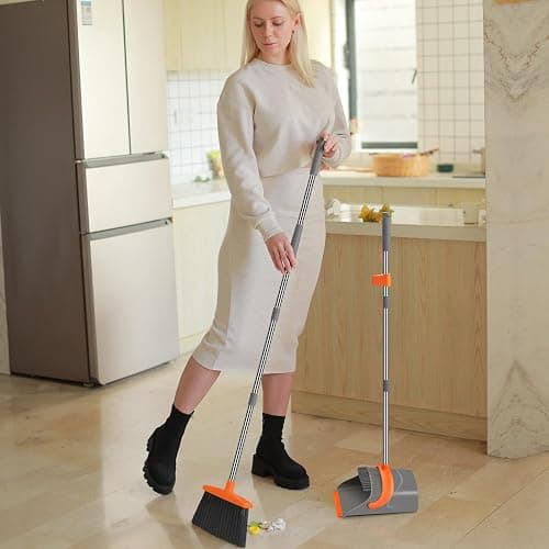 Broom and Dustpan Set for Home, Broom and Dustpan Combo for Office, Long Handle Broom with Upright Standing Dust pan,Indoor&Outdoor Sweeping (Gray&Orange) thumbnail 7