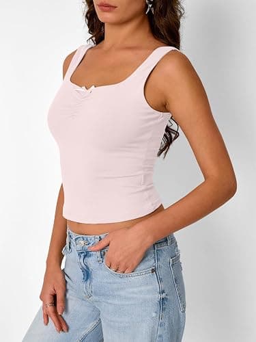 Trendy Queen Summer Tops for Women Going Out Teen Girls Cute Crop Tank Top Y2K Basic Bow Clothes Square Neck 2025 Camisole thumbnail 3