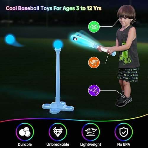 Leshein LED Tball Set for Toddlers 3-5, 5-8, Light up Tee Ball Set for Toddlers, Glow in The Dark T Ball Sets for Kids 3-5, Kids Outdoor Toys Sports Toys, Baseball Toys Gifts for Boys Girls (Blue) - Blue thumbnail 6