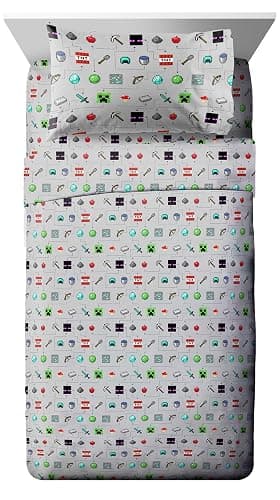 Jay Franco Kids Sheet Set with Fitted, Flat Sheets & Pillow Cover - Ultra-Soft Bedding with Pillowcase for Room Decor, Gray - Minecraft, 3 Piece Twin - Image 1