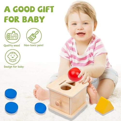 Adena Montessori Coin Box,3 in 1 Object Permanence Box Toys for 1 Year Old Baby Coins,Wooden Montessori Ball Drop Toys Developmental Toys for 6-12 Month Infant Toys,Triangle Ball Round Shapes thumbnail 6