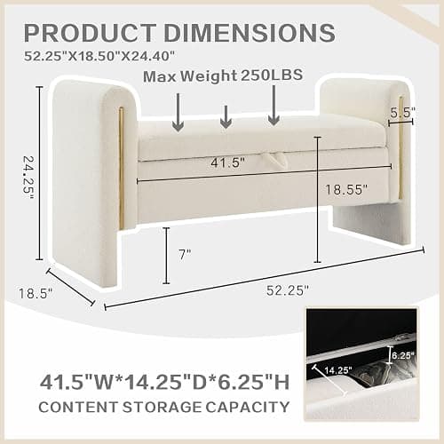 QianYueLUX Modern 52" Storage Ottoman Bench, Upholstered End of Bed Storage Bench with Armrests, Entryway Bench, Teddy Foot Rest Stool for Living Room Hallway Bedroom (White) thumbnail 2