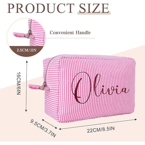 Personalized Cosmetic Bag with Name, Cute Custom Makeup Bags for Women Girls Seersucker Bridesmaid Travel Bag, Organizer Storage Pouch, Cute Pattern, Available to Match Travel Bags thumbnail 7