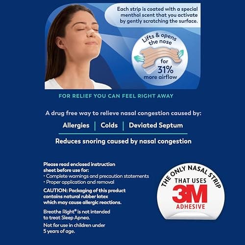Breathe Right Extra Strength Nasal Strips, Menthol Scented, Drug Free, Less Snoring & Better Breathing from Nasal Congestion, Tan, 26 Count thumbnail 8
