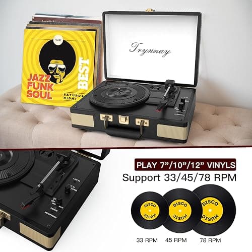 Trynnay Tourne-Disque Bluetooth à 3 Vitesses - Lecteur Portable en Vinyle avec Haut-parleurs intégrés - Tourne-Disque - Son Audio amélioré Noir Vintage thumbnail 2