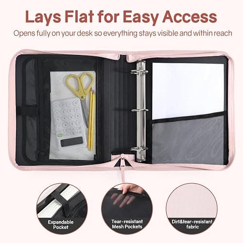 SUNEE Zippered Binder Bag with Handle, 2-Inch 3-Ring O-Ring, 500-Sheet Capacity, Includes Zip Pocket, 5-Tab Expanding File Folder, Multi-Pocket Organizer Binder for Middle School, Pink Lotus thumbnail 5
