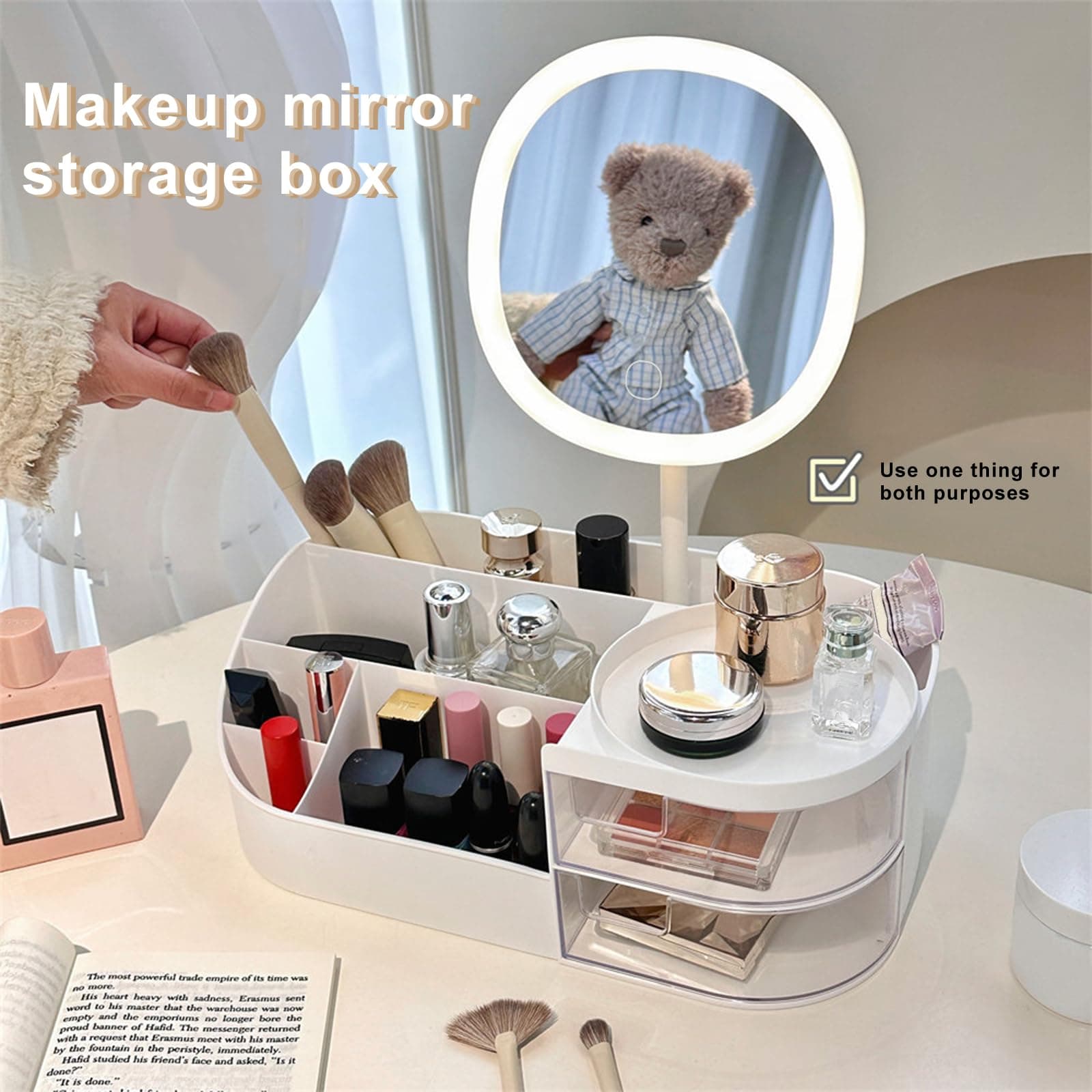 DASITON Makeup Organizer with Rechargeable Mirror,Makeup Brush Holder with 2 Drawers,Skincare and Cosmetics Organizer Countertop,Large Capacity Cosmetic Display Case for Vanity,Bedroom,Bathroom(White) thumbnail 2