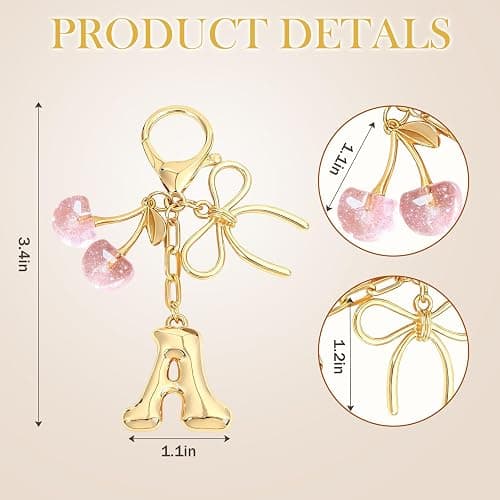 Snycler Bubble Initial Keychain with Bow & Cherry - Gold Letter Bag Charms for Women, Cute Purse Handbag Accessories thumbnail 2