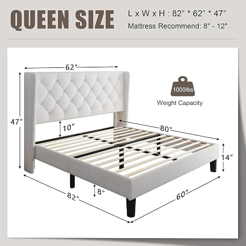 Einhomn Queen Size Upholstered Bed Frame with Wingback Headboard, Fabric Velvet Platform Bed, 8" Under Bed Storage, Wooden and Metal Slats Support, No Box Spring Needed, White thumbnail 2