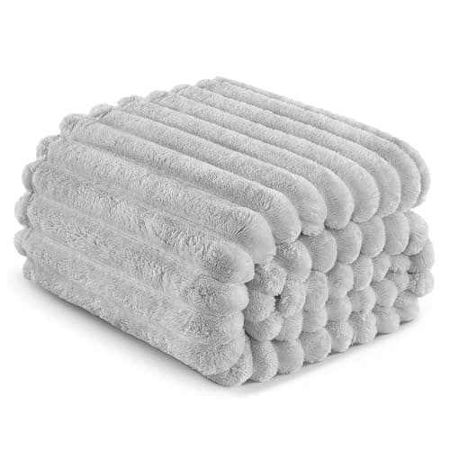 Exclusivo Mezcla Fleece Throw Blanket for Couch, Super Soft Striped Jacquard Bed Blanket, Lightweight Fuzzy Cozy for All Seasons, 50x60 Inches, Light Grey thumbnail 7
