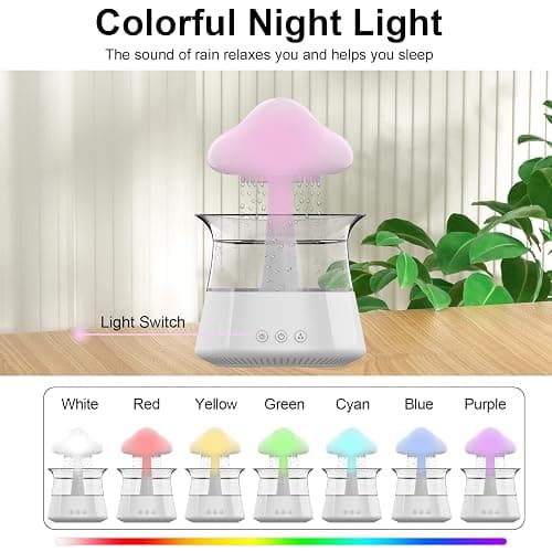 Cloud Rain Humidifier for bedroom with Soothing Rain Sounds - Bedroom Sleep Aid, Waterfall Night Light, Mushroom Design Air Moisturizer for bedroom and living room (White) thumbnail 5