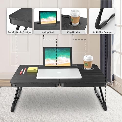 BUYIFY Portable Foldable Laptop Desk for Bed and Couch, Adjustable Lap Desk with Cup Holder and Phone Holder, Ideal for Working, Reading, Writing, and Breakfast (Black) thumbnail 3