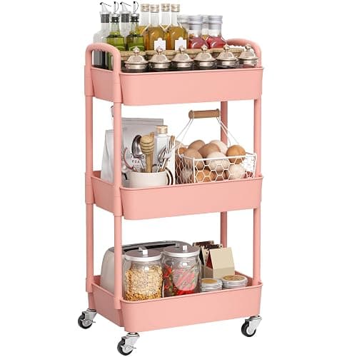 Sywhitta 3-Tier Plastic Rolling Utility Cart with Handle, Multi-Functional Storage Trolley for Office, Living Room, Kitchen, Movable Storage Organizer with Wheels, Pink thumbnail 7
