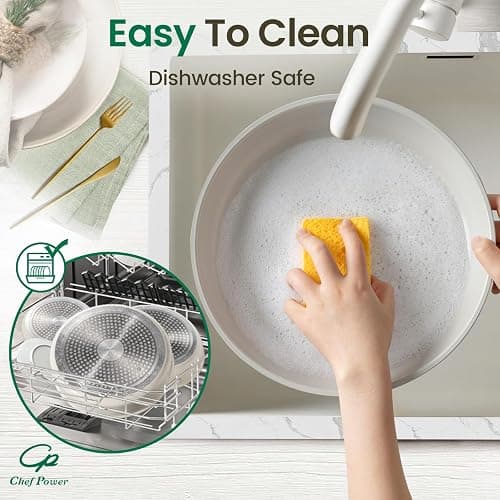 Chef Power Ceramic Nonstick Pots and Pans Set 19 Piece with Detachable Handle, Induction Dishwasher Oven Safe Cookware Set, RV Kitchen Set Removable Handle, Granite Grey and White thumbnail 5