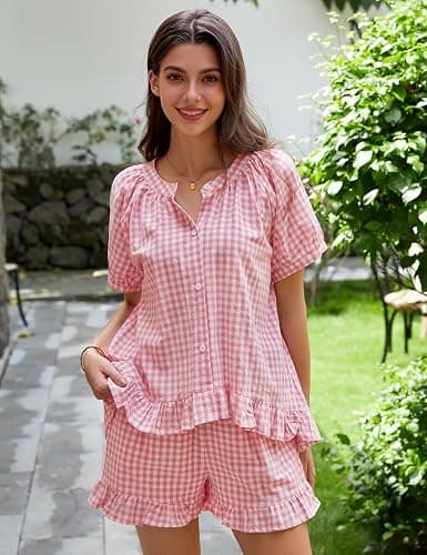 PEHMEA 2 Piece Gingham Pajama Sets for Women Summer Outfits 2026 Plaid Babydoll Shirt Ruffle Shorts Lounge Pjs thumbnail 2
