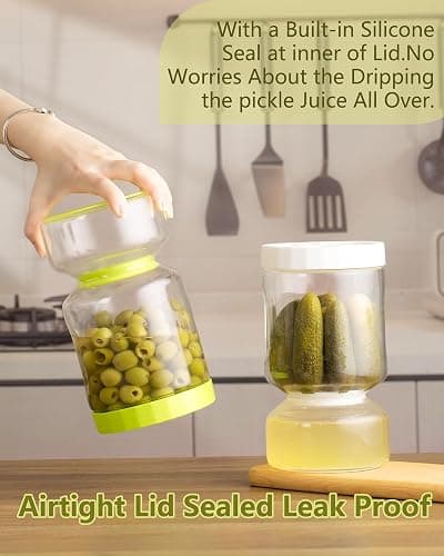 ZENS Glass Pickle Jar with Strainer Flip, 2 Pack Pickle Container Olive Hourglass Jars, Airtight Pickle Juice Separator from Wet and Dry, Pickles Storage Jar 51oz-Green & White thumbnail 3