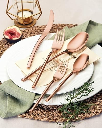 Lemeya 20-Piece Rose Gold Silverware Set for 4,Modern 18/10 Stainless Steel Flatware Set,Luxury Cutlery Set,Unique Utensils Set for Restaurant,Spoons and Forks Set,Mirror Polished,Dishwasher Safe thumbnail 2