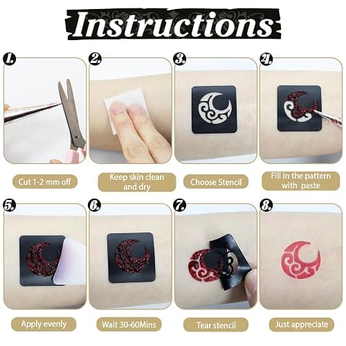 InkForge Temporary Stencils Tattoos Kit, 4 Pcs Tattoo Cones 3 Color (2 Black 1 Maroon 1 Cherry Red) with Gloves Brush Tool,DIY Body Art Skin Painting Designs for Women Men Kids Party Gifts thumbnail 7