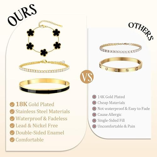MOINSPIRE Gold Bracelets for Women, 18K Gold Plated Tennis Nail Clover love Bangle Bracelets Set Non Tarnish, Stainless Steel Trendy Stackable Bracelet Fashion Jewelry Accessories Gifts for Women thumbnail 7