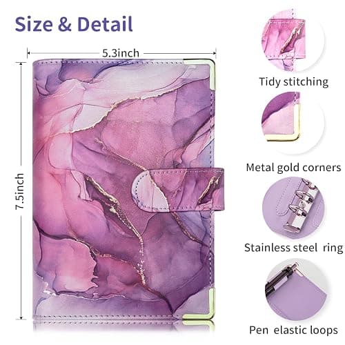 Budget Binder, A6 Marble PU Leather Binder, 6 Ring Budget Planner Organizer with 8 Zipper Cash Envelopes, 12 Expense Budget Sheets, 2 Letter Label Sticker for Budgeting, Saving Money (Purple) thumbnail 5