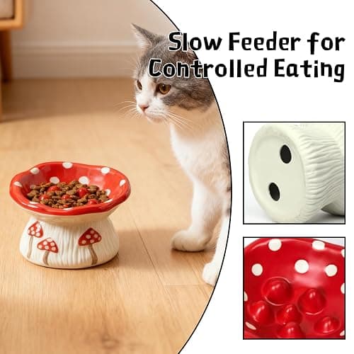 Cat Slow Feeder Bowl, Ceramic Slow Feeder Cat Bowls, Cute Mushroom Elevated Cats Bowl, Anti-Fatigue & Anti-Vomiting thumbnail 3