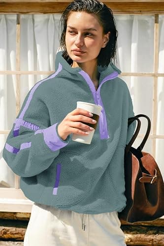 Panadila Womens Half Zip Sherpa Fleece Pullover Soft Oversized Sweatshirt with Pockets Warm Fuzzy Sweater thumbnail 4