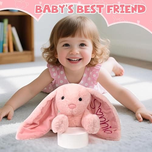 Personalized Bunny Plush Stuffed Animal with Embroideried Name Custom Toddler Stuffed Rabbit Doll Kids Bunny Plush Toys Personalized Baby Girls Boys Newborn Gifts for First Birthday Easter thumbnail 2